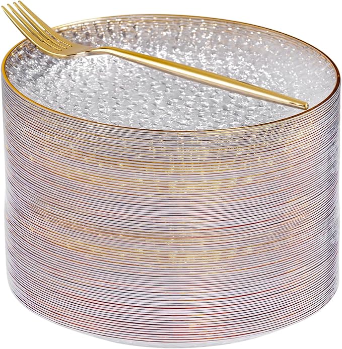 Rubtlamp 200 Pcs Clear Dessert Plates 7" with Forks 7.6",Clear Plastic Cake/Appetizer Platos, Dessert Plates Disposable, Hammered Party Platos Include 100platos and 100forks for Party&Birthday