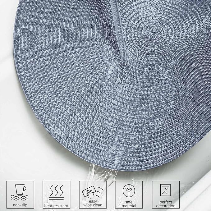 AHHFSMEI Round Braided Placemats 15 Inch Round Table Mats for Dining Tables Natural Woven Heat Resistant Place mats Set of 4 (Light Blue,4)