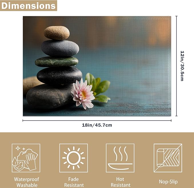 Spa Stones 12x18 Inch Placemats Set of 6 - Waterproof, Non-Slip & Washable Garden Flower Table Mats for Kitchen & Dining Table Placemats