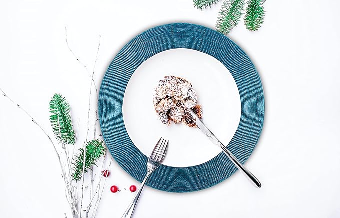Lightnpro Glitz Beaded Charger Placemat - Turquoise Blue Placemat Set of 4, Handmade Round Table Mats - Christmas Xmas Dining Harvest Fall Holiday Celebration Festive Party Table Décor - 13 inch