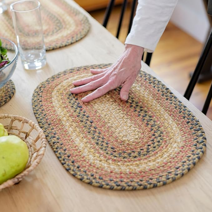 Homespice Russet Jute Braided Oval Placemats, Warm Country Decor, Set of 4, 13x19 Multicolor Table Mats - Vibrant Colors, Durable, Easy to Clean and Protects Furniture