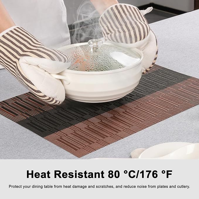 Placemats Set of 8, Vinyl Woven Place Mats Indoor Set of 8 Washable Wipeable PVC Table Mats Heat-Resistant Non Slip Plastic Placemat for Kitchen Dining Outdoor Table (Black Brown, Set of 8)