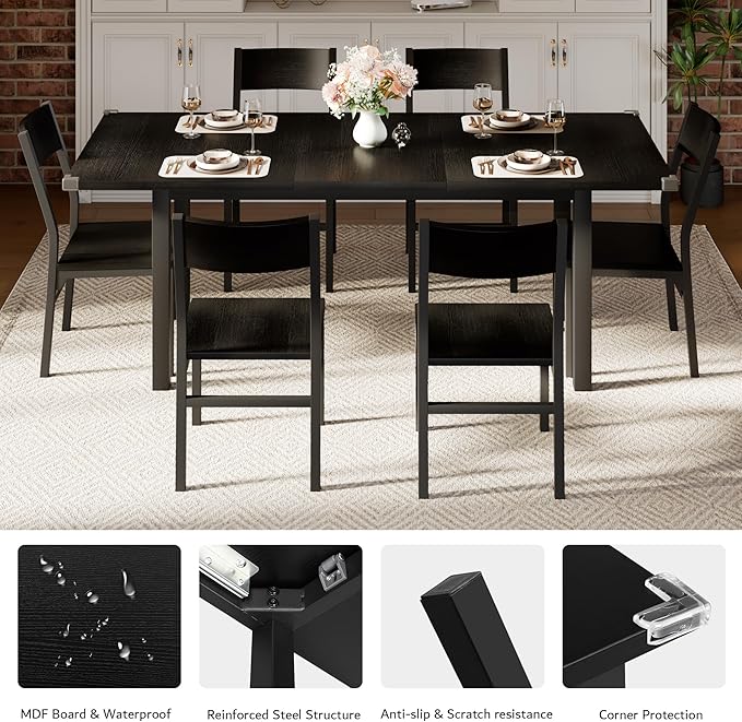 iPormis 7-Piece Dining Table & Chairs Set for 4-6, 63" Extendable Kitchen Table with 6 Chairs, Dining Room Table with Metal Frame & MDF Board, Perfect for Small Space, Easy Assembly, Black