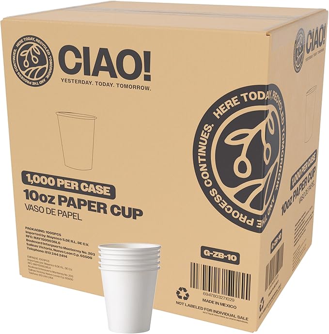 CIAO! 10oz White Paper Hot Cup, Disposable, 90mm Diameter 1,000 Count
