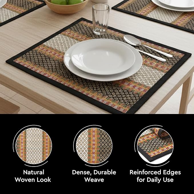 Encasa XO Woven Black Placemats Set of 4 – 12" x 17" | Handwoven Madurkathi Grass Table mats for Dining Table, Kitchen & Outdoor Decor | Durable & Heat‑Resistant
