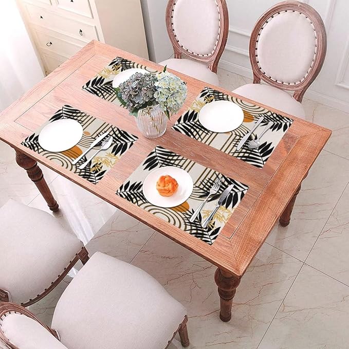 Vintage Mid Century Boho Placemats for Abstract Sun Bamboo Aesthetic Arch Curve Leaves Geometric Washable Place Mats 12x18Inch for Dining Kitchen Farmhouse Decor 4 PCS