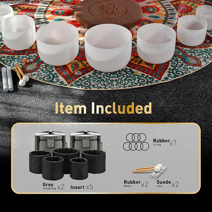 CVNC 432HZ 6-12 Inch Frosted Quartz Crystal Singing Bowls Chakra Set of 7 for Sound Healing and Meditation