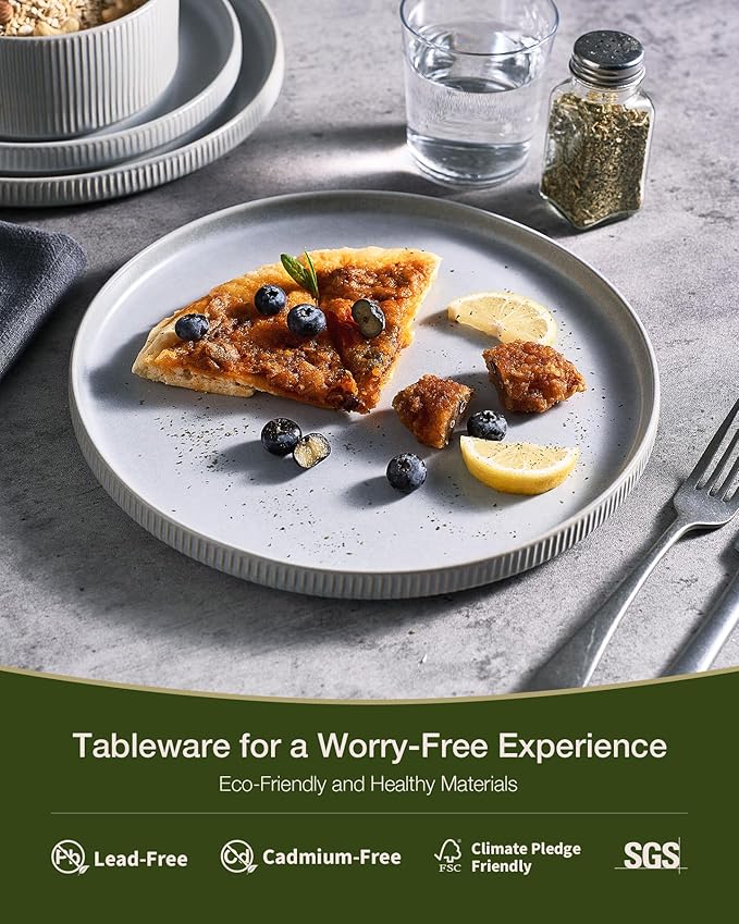 Famiware Star Dinnerware Set, Plates and Bowls Sets for 6 (18pcs), Ribbed Stoneware Dishes - Chip & Scratch Resistant, Microwave & Dishwasher Safe Kitchenware, Matte Gray