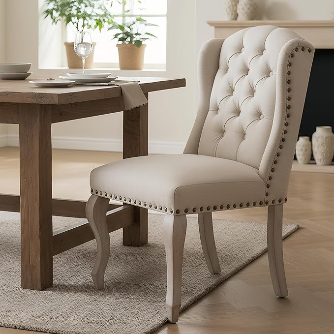 Linen Dining Chairs Set of 6, Farmhouse Dining Room Chairs with Tufted Wingback, Upholstered French Country Parsons Kitchen Chairs Side Accent Chair for Home/Restaurant, Cream