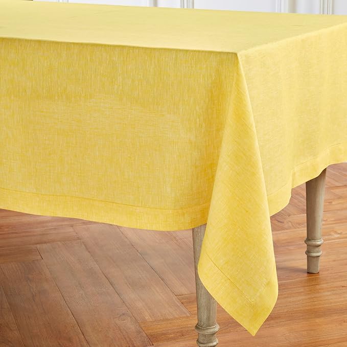 Solino Home Linen Tablecloth 54 x 72 Inch - 100% Pure Linen Chambray Lemon Yellow Table Cloth for Rectangle Tables - Athena, Machine Washable Tablecloth for Spring, Easter