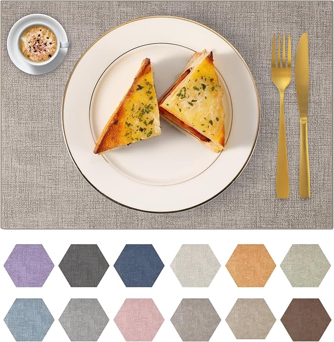 Faux Leather Placemats Set of 6 Washable PU Table mats for Kitchen Table - Heat Resistant, Waterproof, Easy Clean, Anti Slip 11.8" x 17" (Light Brown-6 Pack)