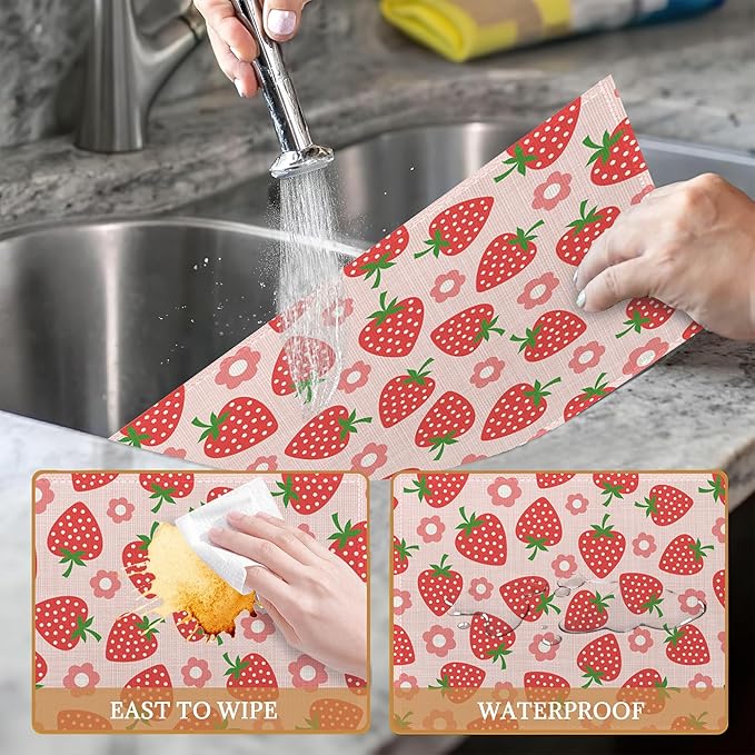 Placemats Set of 6,Strawberry Fruit Linen Place Mats,Modern Washable Strawberries Pink Table Placemats 12"x18" Heat Resistant Table Mats for Dining Kitchen Party Holiday Decoration