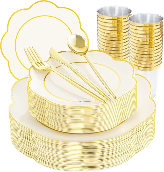 EI 180pcs Beige Plastic Plates with Gold Plastic Silverware,Heavy-Duty Disposable Plates for Party,White Dinnerware Set for 30 Guest Wedding,Afternoon Tea,Spring,Valentine's Day,Easter