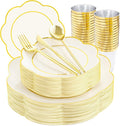 EI 180pcs Beige Plastic Plates with Gold Plastic Silverware,Heavy-Duty Disposable Plates for Party,White Dinnerware Set for 30 Guest Wedding,Afternoon Tea,Spring,Valentine's Day,Easter