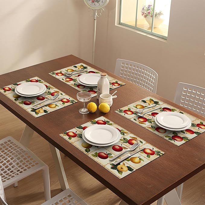 Apple Pear Placemats Set of 6, Retro Fruit Place Mats, Fruits Waterproof Washable Table Mats for Home Party Indoor Kitchen Dining Table Decoration 12x18 Inch