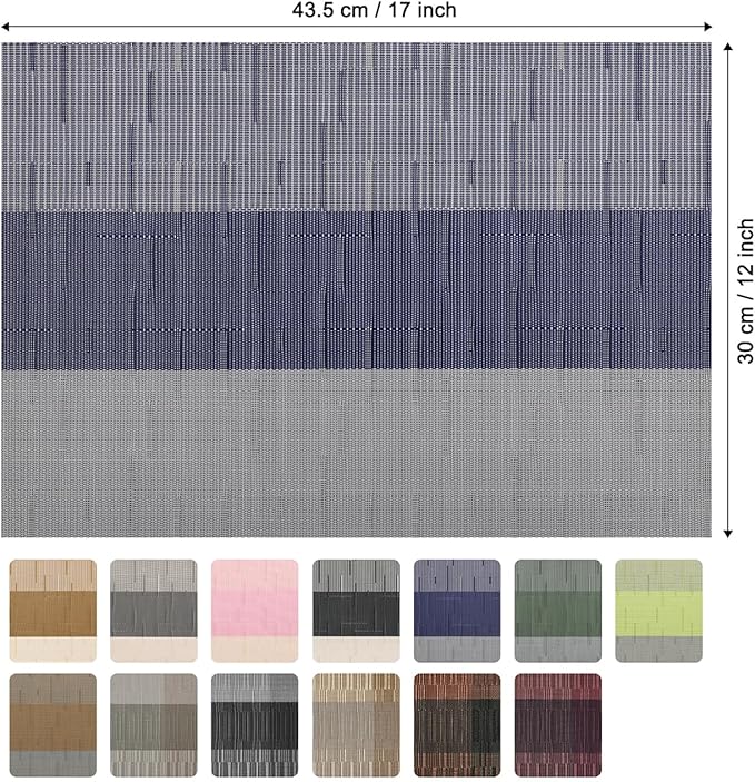 Placemats Set of 6, Vinyl Woven Place Mats Indoor Set of 6 Washable Wipeable PVC Table Mats Heat-Resistant Non Slip Plastic Placemat for Kitchen Dining Outdoor Table (Blue Gray, Set of 6)