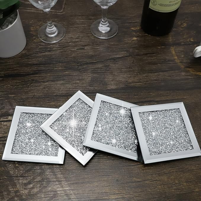 Glass Mirrored Coasters Set of 4, Square Coasters with Crushed Diamond, Mirrored Silver Glass Cup Mats for Drinks, Home Decoration, Kitchen Cafe Bar Restaurant Tabletop Protection