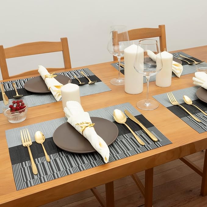 Winknowl Placemats Set of 6, Heat Resistant Non-Slip Vinyl Woven Table Mats for Dining Table, Washable Durable Elegant Place Mats for Kitchen Indoor/Outdoor Use (Black)