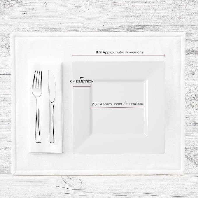 Smarty Had A Party 120 Elegant Disposable Plastic Dinnerware, 9.5" Fancy Square White Plates for Parties and Events, Heavy Duty