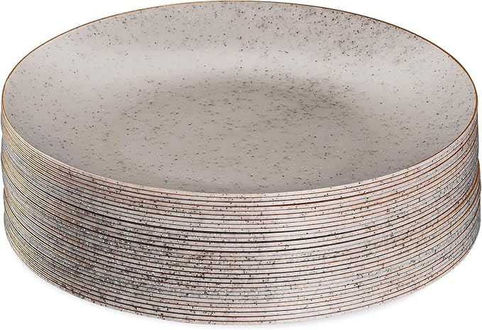 PLASTICPRO 30 Pack Disposable Plastic Plates Heavyweight Granite Look Elegant 10 inch Dinner Plates Grey with Gold Rim