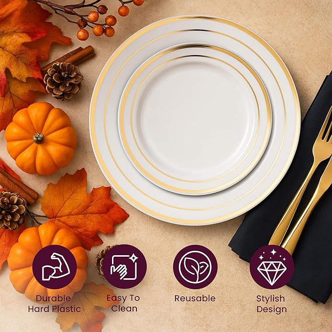 Aya's 60 Pack Heavy Duty Plastic Plates with Gold Rim - 30 Each of 10" Dinner and 7.5" Appetizer White Disposable Plates - Elegant Fancy Plastic Plates for Party, Weddings, and Special Events