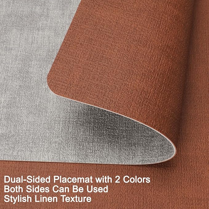 Myir JUN Reversible Vinyl Placemats Set of 4, Faux Leather Place Mats Dual Sided Waterproof Wipeable, Heat-Resistant Table Mats for Kitchen Dining Indoor Outdoor (12" x 17", Light Gray Reddish Brown)
