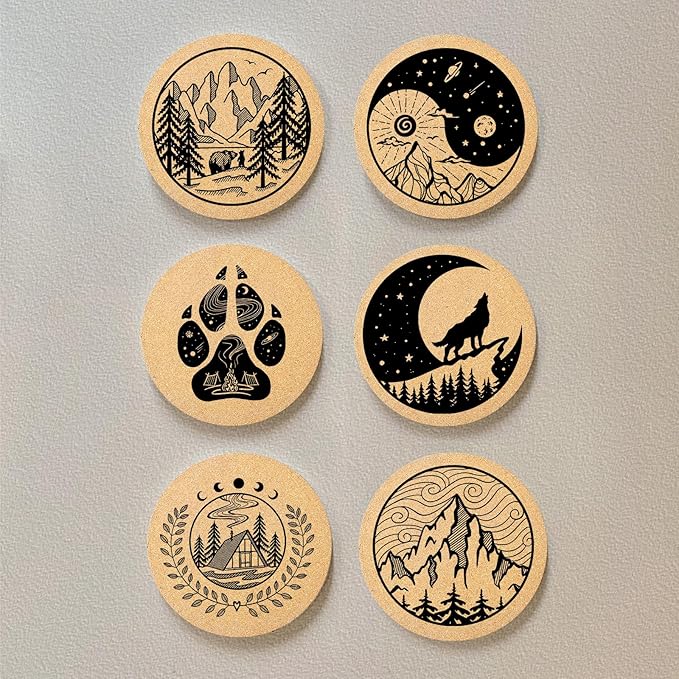 Coasters for Drinks with Holder Set of 6, Mountain Cork Coaster Absorbent Wood for Cup Desk Office Table Kitchen Decor House Warming Gifts for New Home Couples, Round 4"