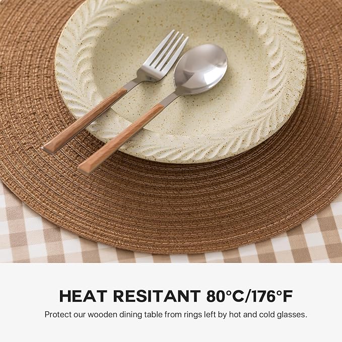 Round Placemats Set of 8 Woven Placemats Washable Braided Table Mats for Dining Table Heat Resistant Non-Slip Circle Place Mats(Brown)