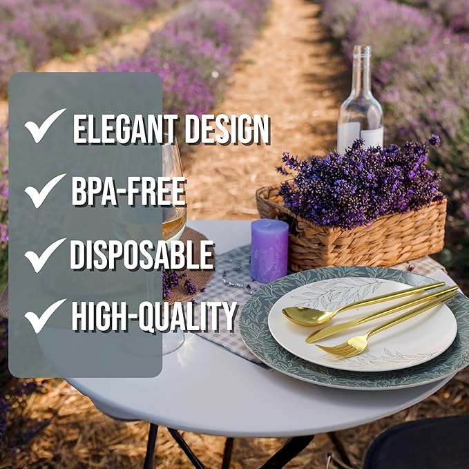 Trendables Fancy Plastic Dinnerware Sets 100 Pc Set 20 Guests Gold Silverware Disposable 20 X 10 Inch Charger Plates 20 X 8 Inch Dessert Plates 20 x Gold Plastic Forks and Spoons Knives In Aleh