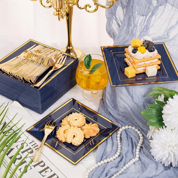 WDF 200PCS Blue Plastic Dessert Plates with Plastic Forks -6’’ 100 Square Disposable Appetizer Plates Small Cake Plates with Gold&100 Navy Blue Small Appetizer Forks for Party Wedding Birthday