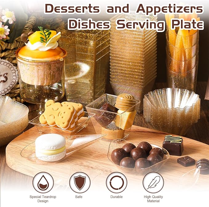 Tessco for you 1600 Pcs Mini Appetizer Plates Dessert Cups with Spoons Forks Set Assorted Shape Plastic Parfait Cups Dessert Plates Container Bowls with Disposable Spoon Fork for Party(Gold Glitter)