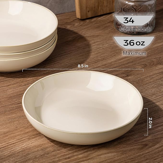AmorArc 8.5'' Large Ceramic Pasta Bowls, 36oz Stoneware Pasta Serving Bowls Set of 4 for Kitchen, Wide Bowls for Pasta,Salad,OatmeaL,Microwave Safe, Reactive Glaze-Vanilla