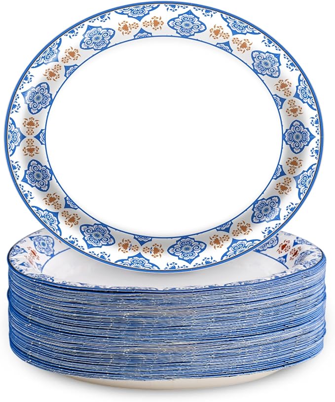 50Pcs Blue Floral Oval Plates 10"x 12", Large Disposable Paper Plates, Heavy Duty Flower Plate Tableware for Family Gathering, Dinner Time, Birthday, Wedding, Holiday Party Serving Supplies
