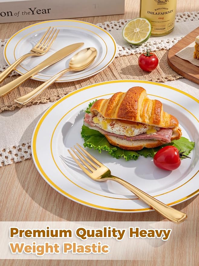 WDF 120 pieces Gold Disposable Plastic Plates - White and Gold Plates Include 10.25" Dinner Plate & 7.5" Salad Plate for Weddings/Party/Valentine's Day