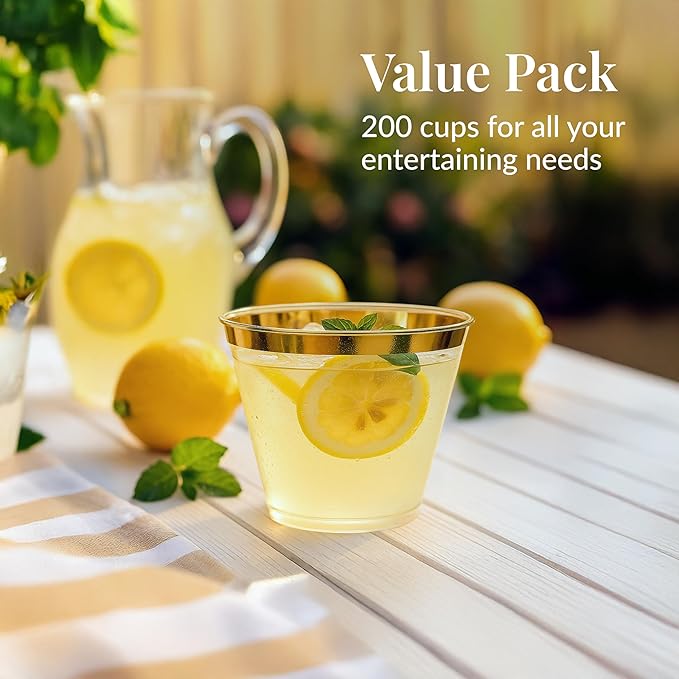 Prestee Hard Disposable Cups - Heavy Duty Fancy Plastic Cups - Plastic Cocktail Drinkware - Disposable Drinking Cup 9 oz - Bulk Drinking Glasses for Wedding - 200ct Gold Tumblers