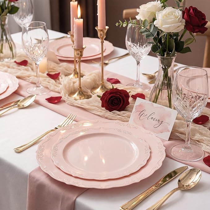 U-QE 100PCS Mauve Pink Plastic Plates for Party - Plastic Party Plates Disposable Heavy Duty - Pink Valentines Plates for Valentine's Day Including 50PCS 10.25'' Dinner Plates&50PCS 7.5'' Pink Plates