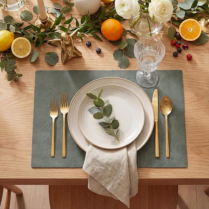 Artoid Mode Grey Faux Leather Placemats Set of 6, 12x18 Inch Waterproof Wipeable Heat Resistant Vinyl Place Mats, Reversible Table Mats for Winter Kitchen Dining Decor