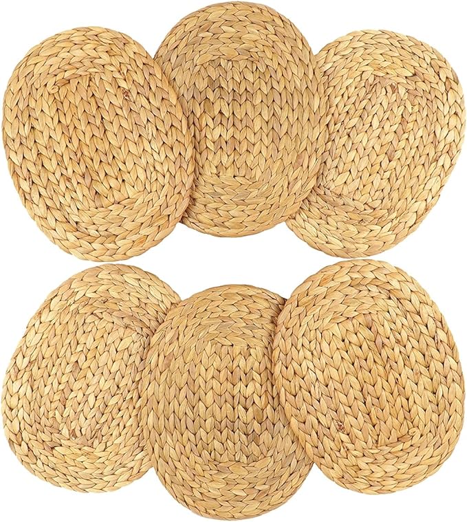 Oval Woven Placemats Set of 6, Natural Water Hyacinth Charger Plates Non-Slip Weave Placemats Farmhouse Straw Braided Rattan Tablemats, Oval Wicker Place Mats for Dining Table