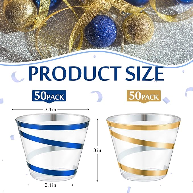 Gejoy 9 oz Rimmed Swirl Plastic Cups Disposable Wine Drinking Cups Clear Elegant Halloween Tumblers for Christmas Party Supplies(Gold, Blue,100 Pcs)