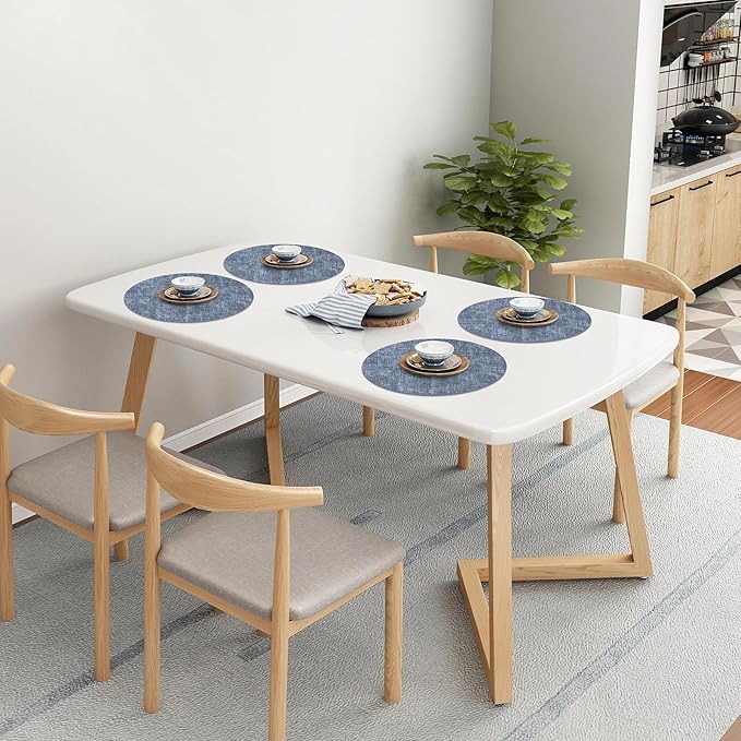 Homaxy Round Faux Leather Placemats and Coasters, Washable Dual-Side Table Mats, Wipeable Heat-Resistant Dining Place Mats for Outdoor and Indoor, Set of 6, Diameter 13 and 3.93 inch, Blue