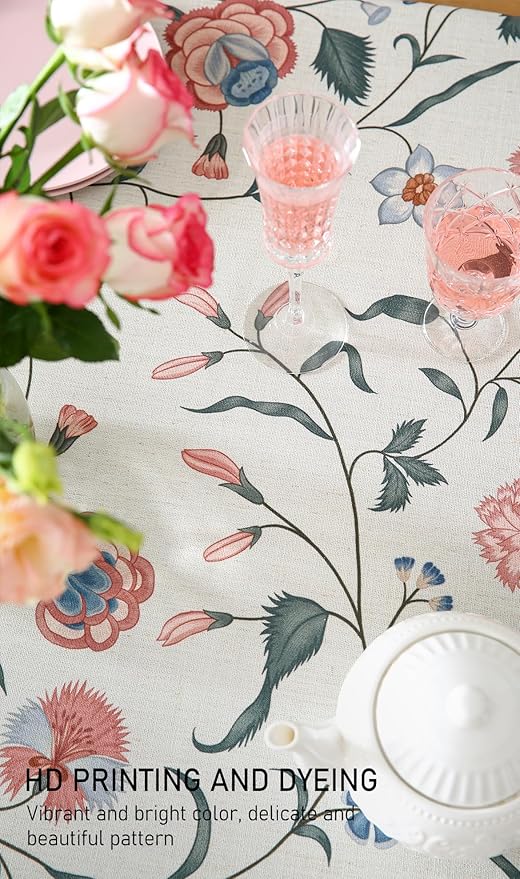 ISAENNE Designer Chinoiserie Linen Floral Long Tablecloth Rectangle,White Wrinkle Resistant Table Cloth,Elegant Decor Tablecloths for Dining Thanksgiving Kitchen Party Christmas,63"*102"-Daffy