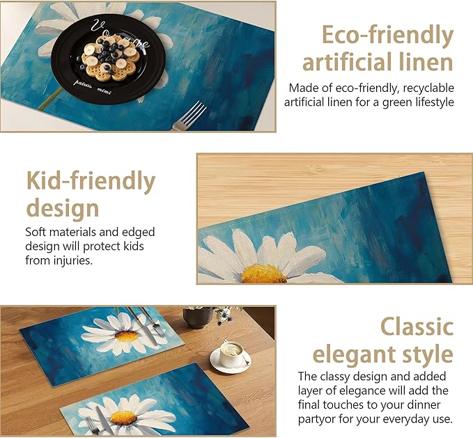 Table Placemats Set of 6, Waterproof Linen Fabric, Non-Slip Backing & Easy Clean, Elegant Dining Table Protectors for Family and Guests(Vintage Daisy Flower)