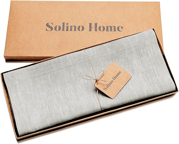 Solino Home Linen Oyster Grey Table Runner 108 Inches Long - Athena, 100% Pure Linen Dining Table Runner 14 x 108 Inch for Spring, Easter