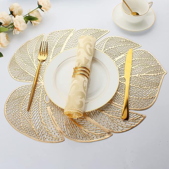 Evevda Gold Leaf Shaped Vinyl Placemats for Dinner Table Set of 6 Metallic Plastic Gold Place Mats Wipeable 6Pcs Table Mats for Wedding Annersary Dinner Table Decoration Mats(17.7x13.8inch/45x35cm)