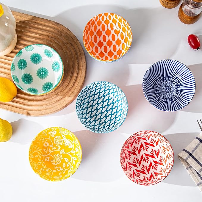 Ceramic Dessert Bowls Set - Small 11 Oz Porcelain Ice Cream Bowls for kitchen - 4.7 Inch Cereal Bowls for Salad, Fruits, Ramen - Microwave Dishwasher Safe - Set of 6 - Assorted Colors