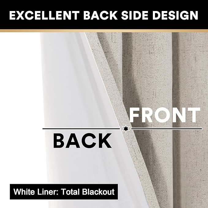 PrinceDeco Linen Texture Curtains Soild 100% Blackout Thermal Insulated with White Liner Blackout Curtains for Bedroom 64 Inches Long 2 Panels,42" Wide,64" Length Noise Reducing Curtains, Stone