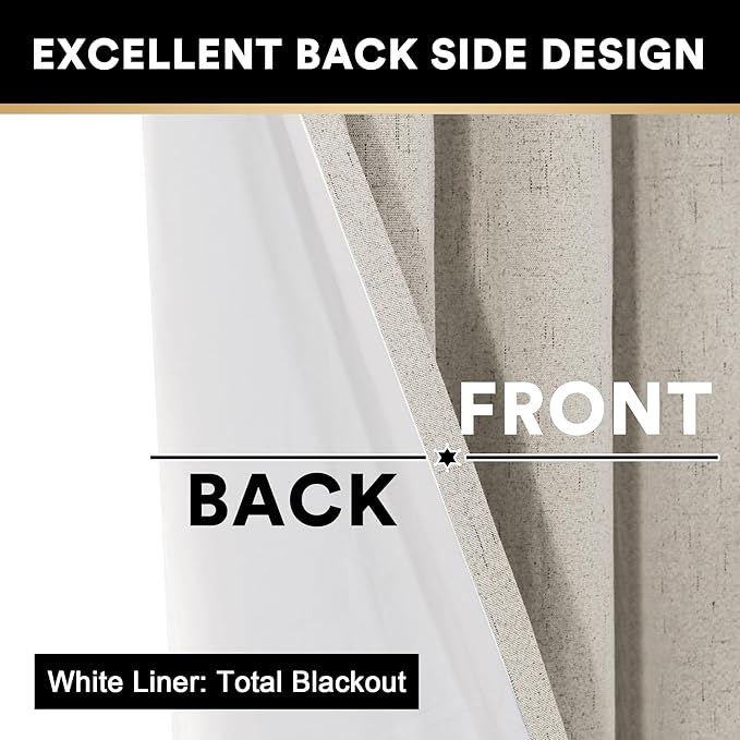 PrinceDeco 100% Black Out Curtains 63 Inch Length,Thermal Insulated Short Textured Grommets Curtains 2 Panels Set,Noise Reducing Window Treatment with White Liner, 52" W x 63" L,Stone