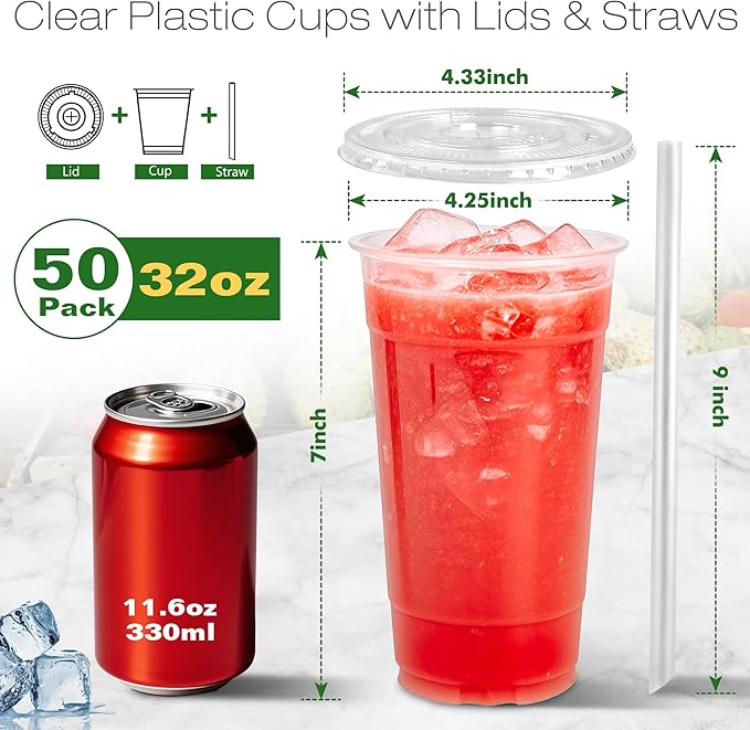 Charmount 32 oz 50 Sets Clear Plastic Cups with Lids and Straws, Sturdy & Food Safe Disposable To Go Cups for Cold Drinks, Iced Coffee, Milkshakes, Smoothies