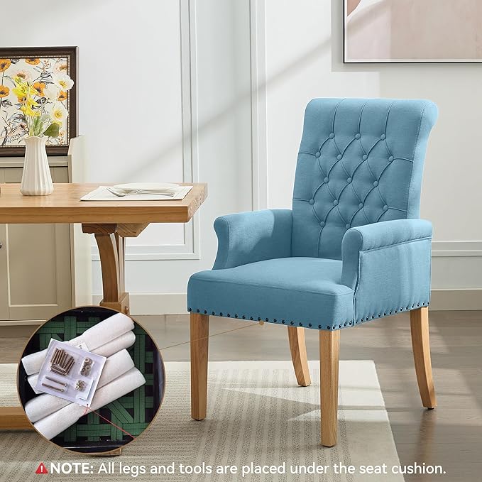 Fabric Dining Chair with Arms, Upholstered Tufted High Back Dining Room Chairs, Accent Armchair with Solid Wood Leg and Nailhead Trim, Kitchen Dining Living Room, Blue