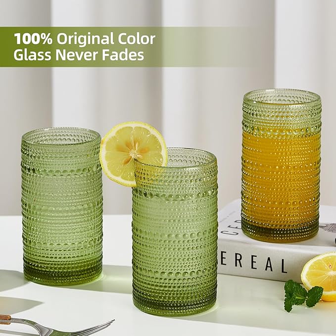 16oz Hobnail Drinking Glasses Set of 6, Vintage Large Capacity Embossed Green Tumblers, Highball Glasses for Water, Cocktail, Beer, Whiskey, Juice & Bar Use